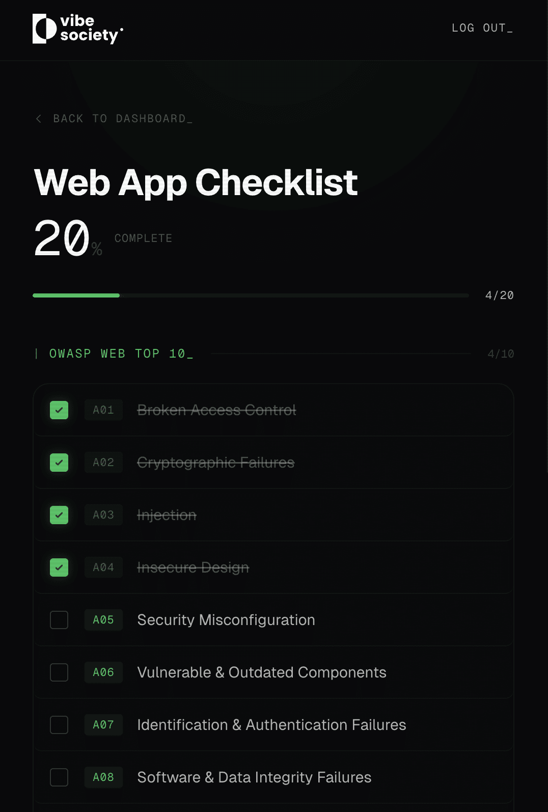 Web App Checklist preview — dashboard mockup